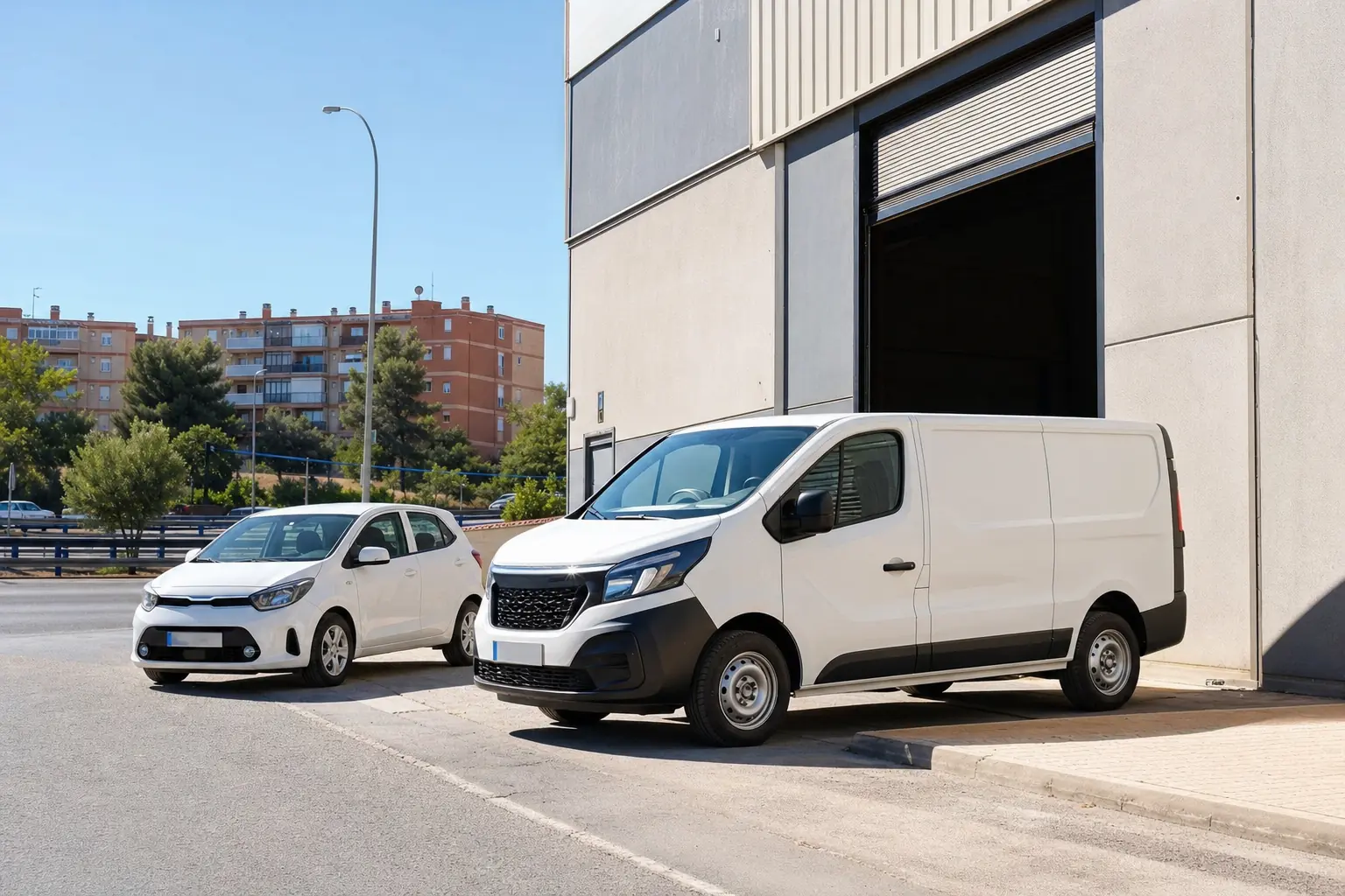 Furgoneta de carga blanca y coche compacto blanco de alquiler junto a una nave de un polígono del sur de Madrid