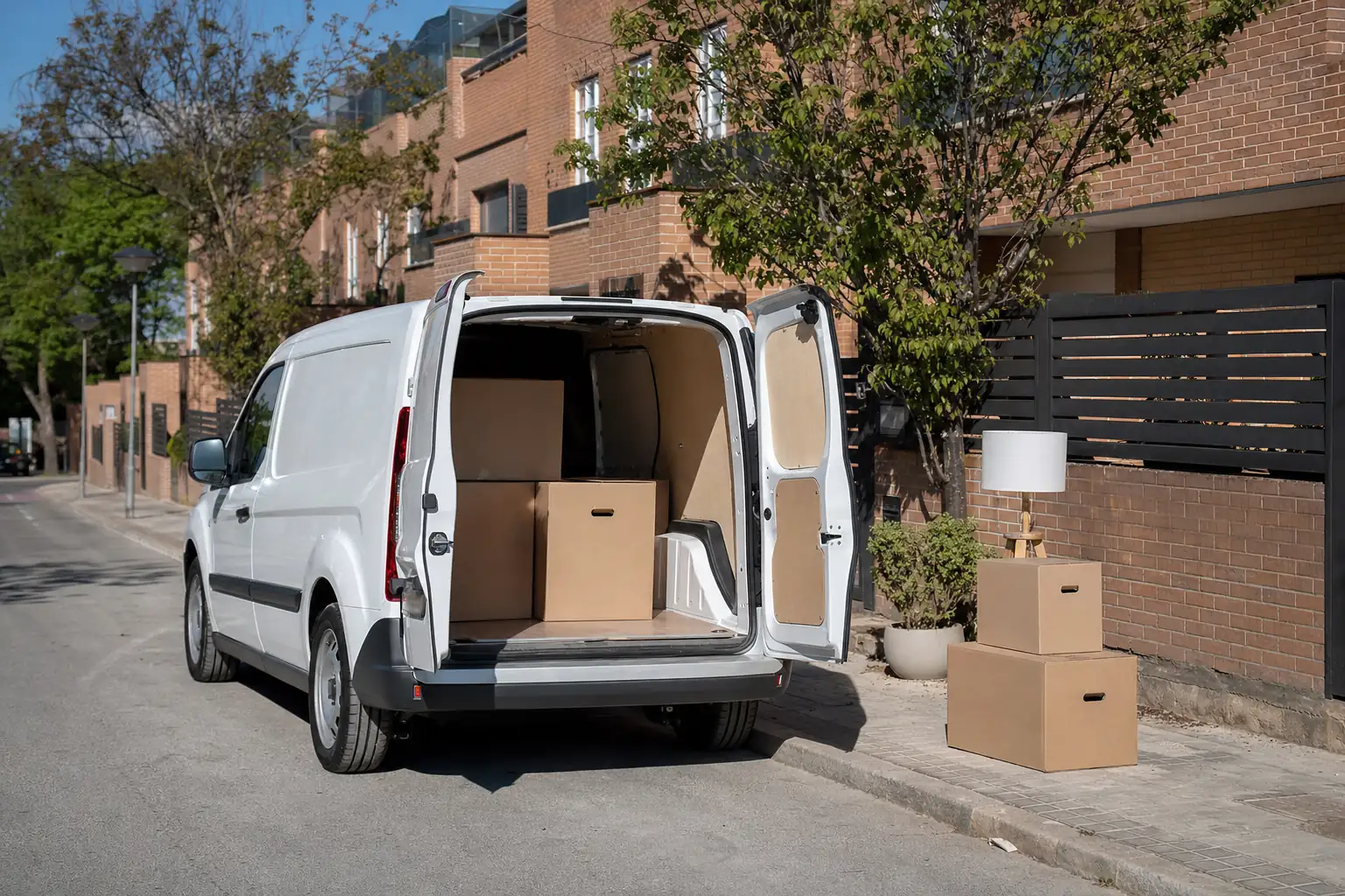 Furgoneta blanca de alquiler con las puertas traseras abiertas y cajas de mudanza en una calle de Madrid